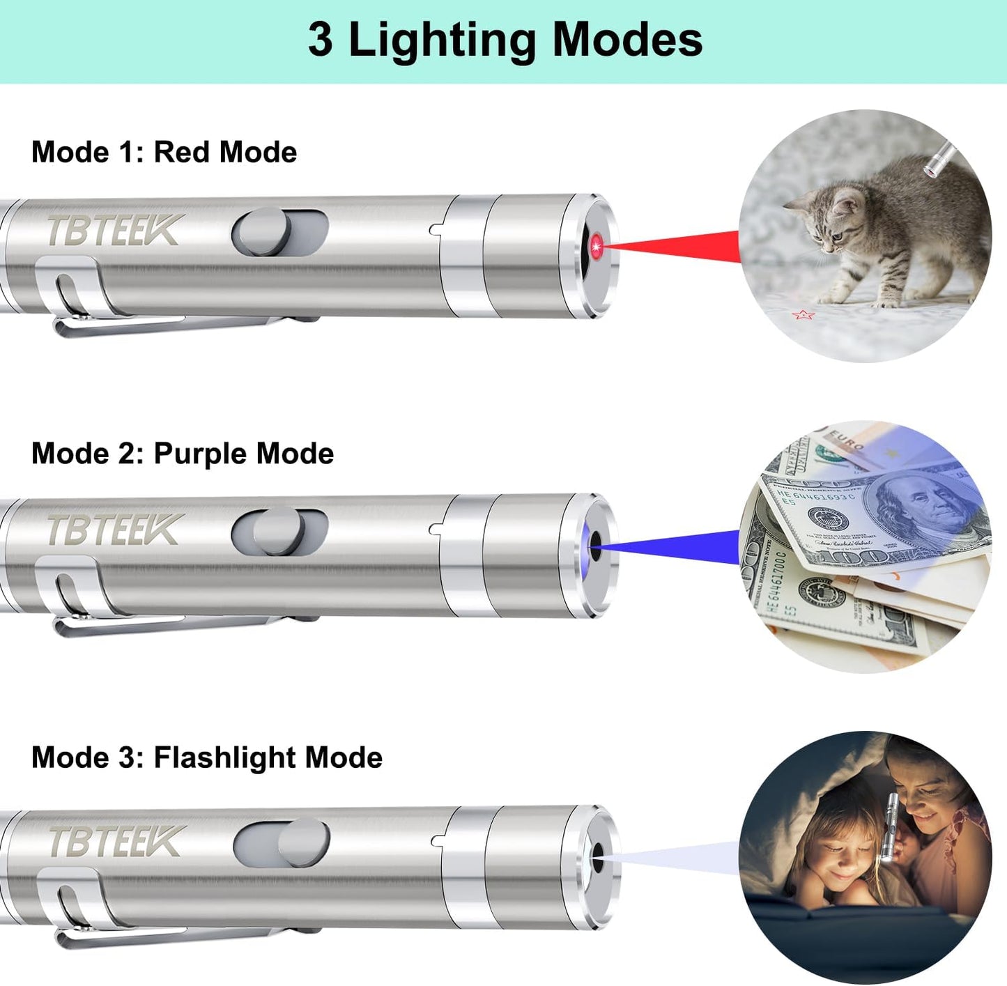 TBTeek Cat Toys, Rechargeable, 3 Light Modes & 5 Fun Patterns, Portable Interactive Kitten Pet Dog Cat Mouse Toy for Fun Chase Play Exercise