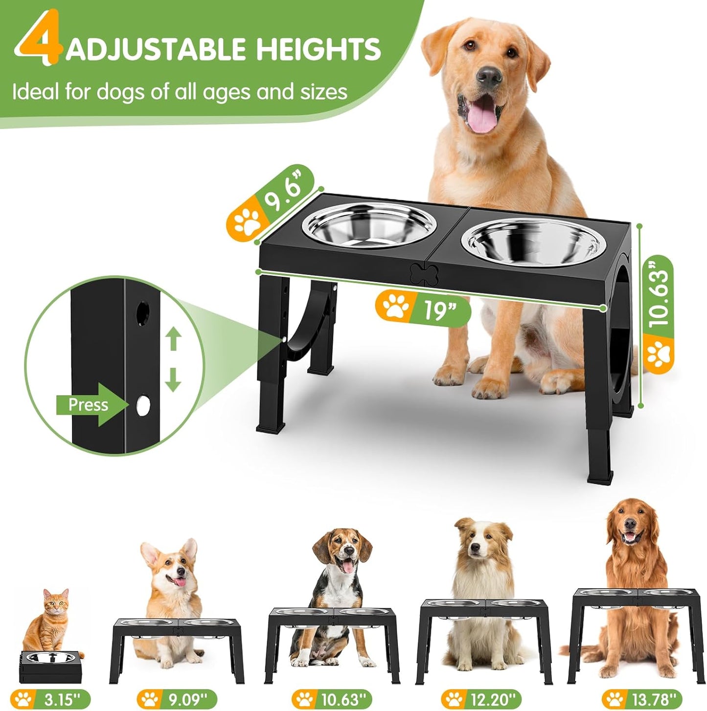 XIAZ Elevated Dog Bowls Large Breed Bowl Stand Large/Medium Sized Stainless Steel Food Water Bowl Stands 5 Heights Adjustable 9/11/12/14in Black