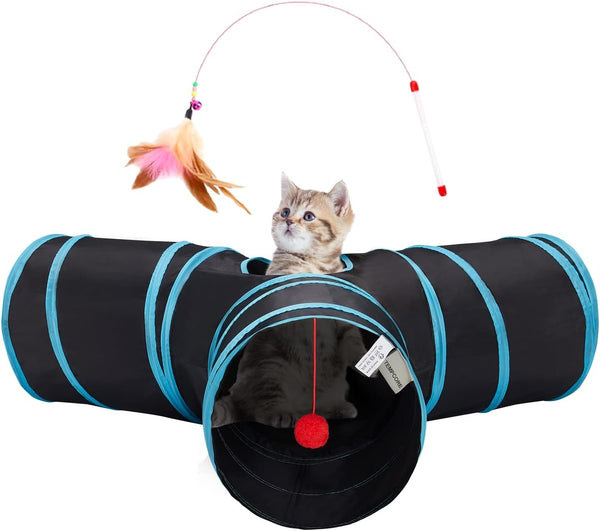 Tempcore Pet Cat Tunnel Tube Toys 3 Way Collapsible, Tunnels for Indoor Cats, Interactive Tube with Teaser Wand, Peek Holes & Hanging Ball, Black & Blue