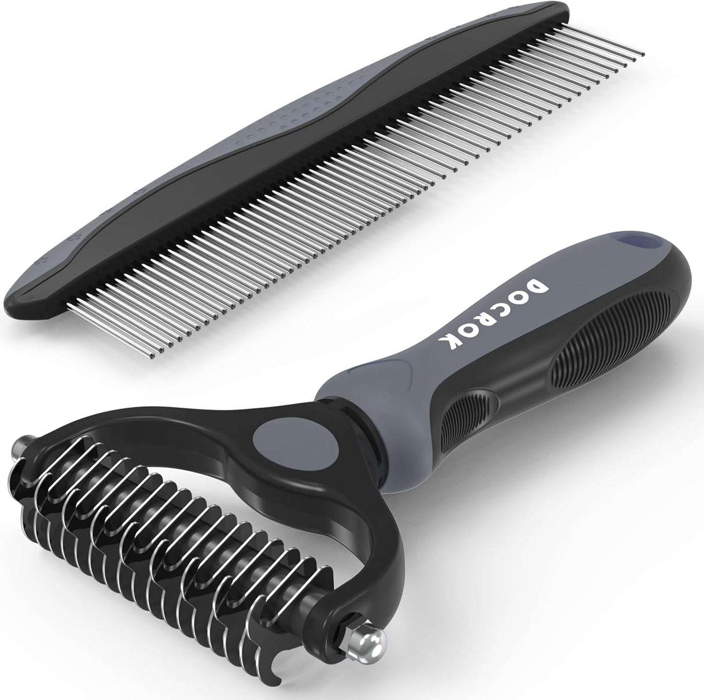 Docrok Pet Grooming Combo - Blue Deshedding Brush with Metal Comb for Detangling and Dematting Long, Matted Fur on Cats and Dogs