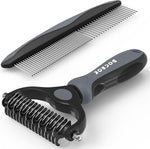Docrok Pet Grooming Combo - Blue Deshedding Brush with Metal Comb for Detangling and Dematting Long, Matted Fur on Cats and Dogs