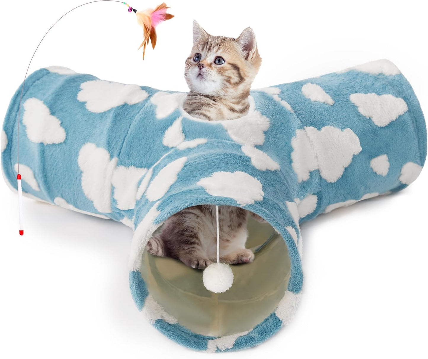 Tempcore Pet Cat Tunnel Tube Toys 3 Way Collapsible, Tunnels for Indoor Cats, Interactive Tube with Teaser Wand, Peek Holes & Hanging Ball, Black & Blue