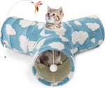 Tempcore Pet Cat Tunnel Tube Toys 3 Way Collapsible, Tunnels for Indoor Cats, Interactive Tube with Teaser Wand, Peek Holes & Hanging Ball, Black & Blue