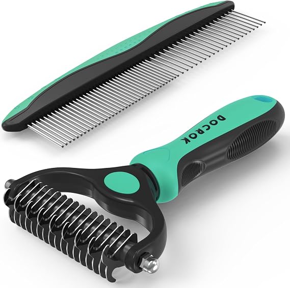Docrok Pet Grooming Combo - Blue Deshedding Brush with Metal Comb for Detangling and Dematting Long, Matted Fur on Cats and Dogs
