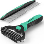 Docrok Pet Grooming Combo - Blue Deshedding Brush with Metal Comb for Detangling and Dematting Long, Matted Fur on Cats and Dogs