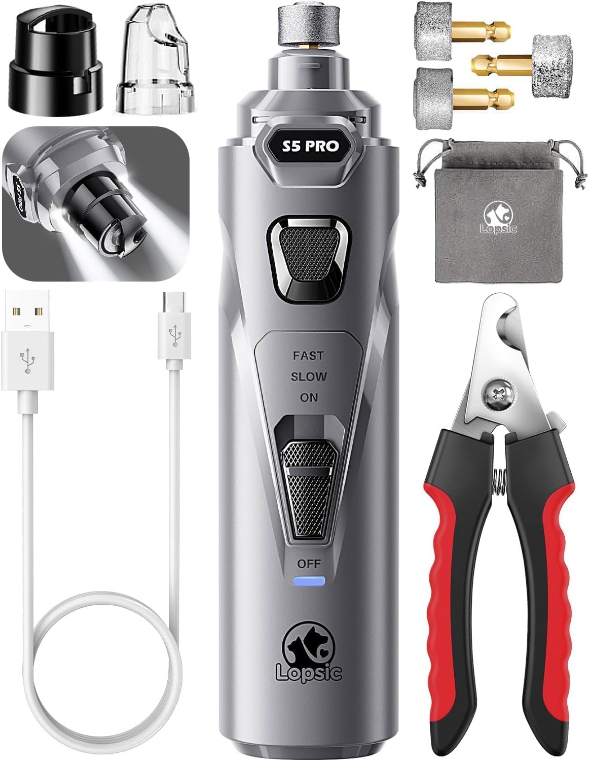 Whisper Quiet Dog Nail Grinder with 4 LED Lights, Safe & Stress-Free for Sensitive Dogs Cats of All Breeds & Sizes, 3 Grinding Bits, 3-Speed, Pet Nail Trimmers, Rechargeable Painless Grooming Kit