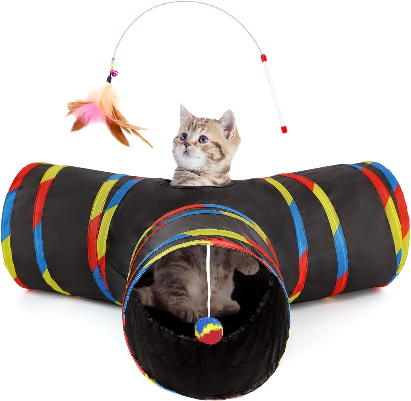 Tempcore Pet Cat Tunnel Tube Toys 3 Way Collapsible, Tunnels for Indoor Cats, Interactive Tube with Teaser Wand, Peek Holes & Hanging Ball, Black & Blue