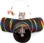 Tempcore Pet Cat Tunnel Tube Toys 3 Way Collapsible, Tunnels for Indoor Cats, Interactive Tube with Teaser Wand, Peek Holes & Hanging Ball, Black & Blue