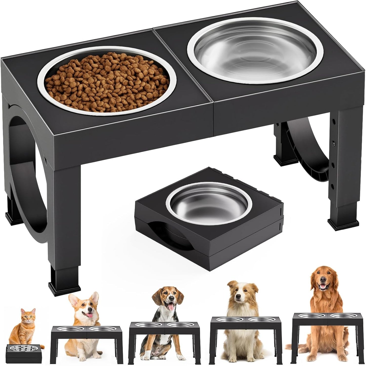 XIAZ Elevated Dog Bowls Large Breed Bowl Stand Large/Medium Sized Stainless Steel Food Water Bowl Stands 5 Heights Adjustable 9/11/12/14in Black
