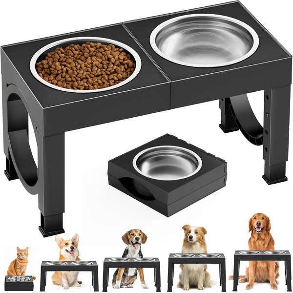 XIAZ Elevated Dog Bowls Large Breed Bowl Stand Large/Medium Sized Stainless Steel Food Water Bowl Stands 5 Heights Adjustable 9/11/12/14in Black