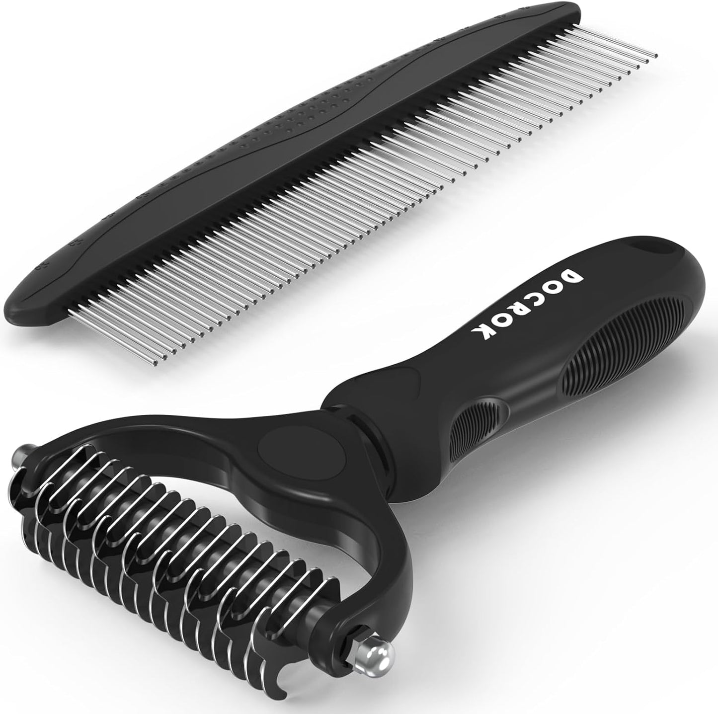 Docrok Pet Grooming Combo - Blue Deshedding Brush with Metal Comb for Detangling and Dematting Long, Matted Fur on Cats and Dogs