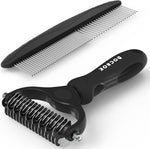 Docrok Pet Grooming Combo - Blue Deshedding Brush with Metal Comb for Detangling and Dematting Long, Matted Fur on Cats and Dogs