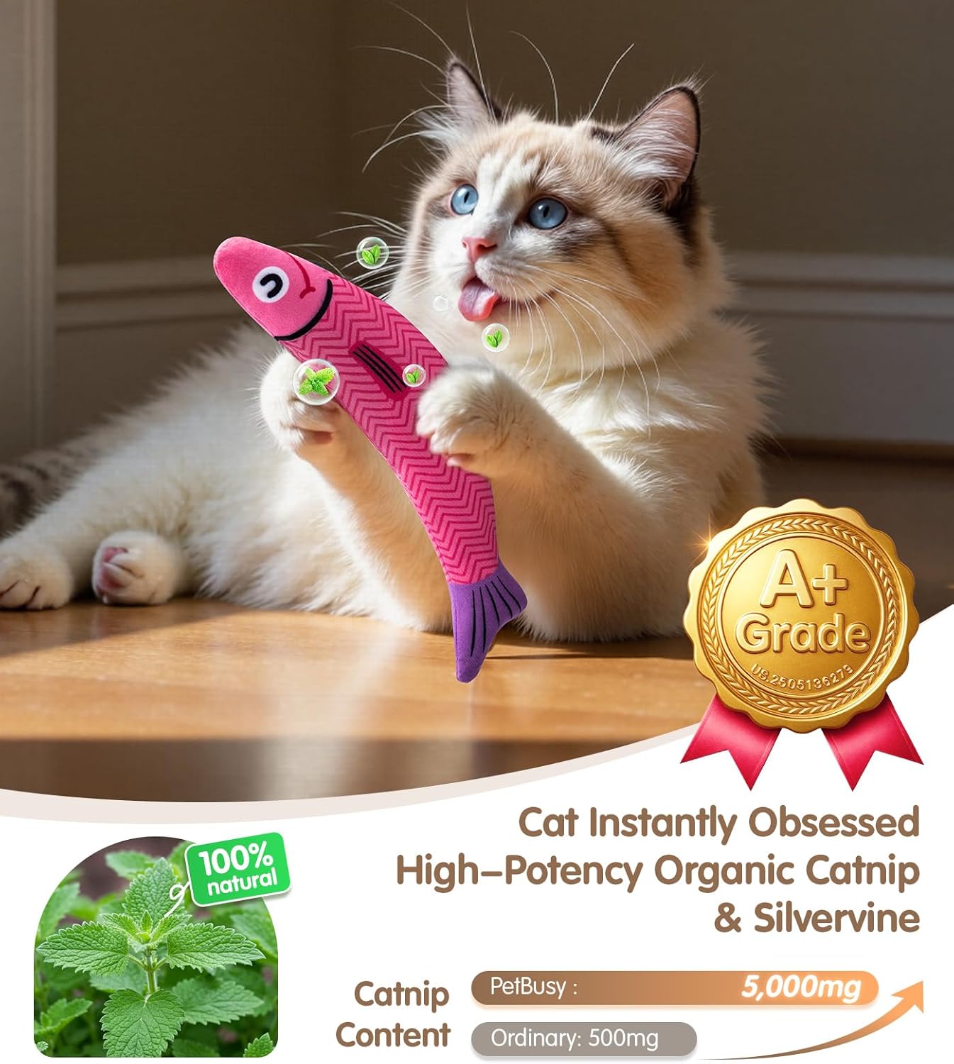 PetBusy Cat Toys with[5000mg A+Natural Catnip &Silvervine] [Baby Grade] Interactive Soft Chew Kicker Cat Toys for Indoor Cats & Kittens, [Crinkle &Bell] Fish Sound Toy