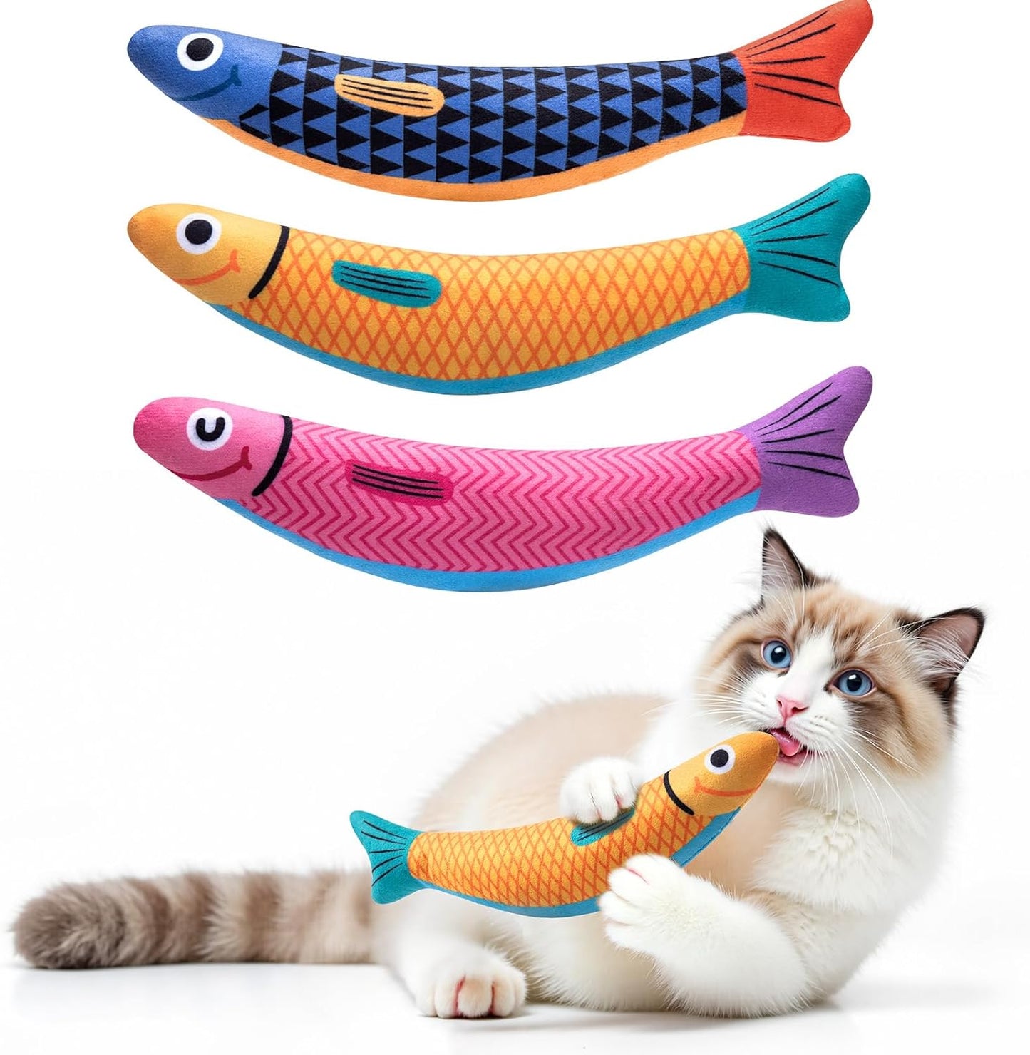 PetBusy Cat Toys with[5000mg A+Natural Catnip &Silvervine] [Baby Grade] Interactive Soft Chew Kicker Cat Toys for Indoor Cats & Kittens, [Crinkle &Bell] Fish Sound Toy