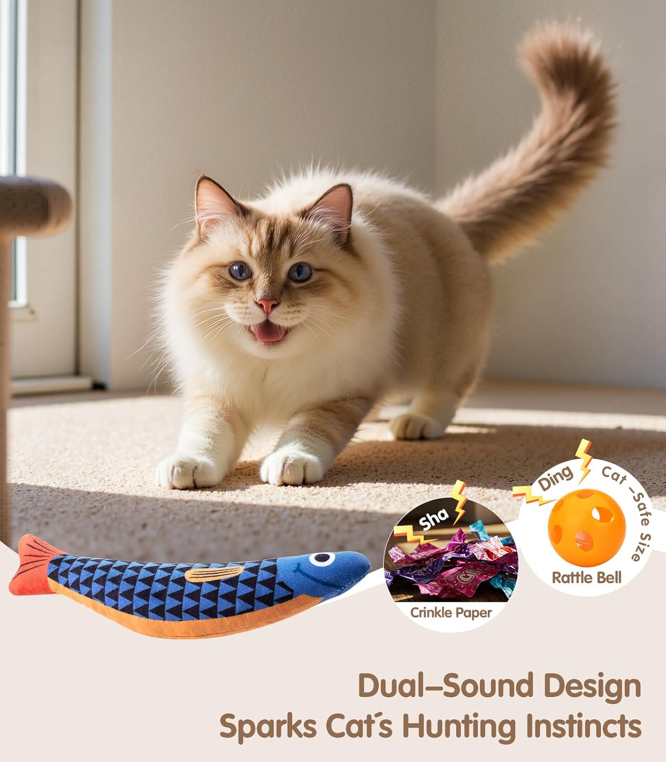 PetBusy Cat Toys with[5000mg A+Natural Catnip &Silvervine] [Baby Grade] Interactive Soft Chew Kicker Cat Toys for Indoor Cats & Kittens, [Crinkle &Bell] Fish Sound Toy