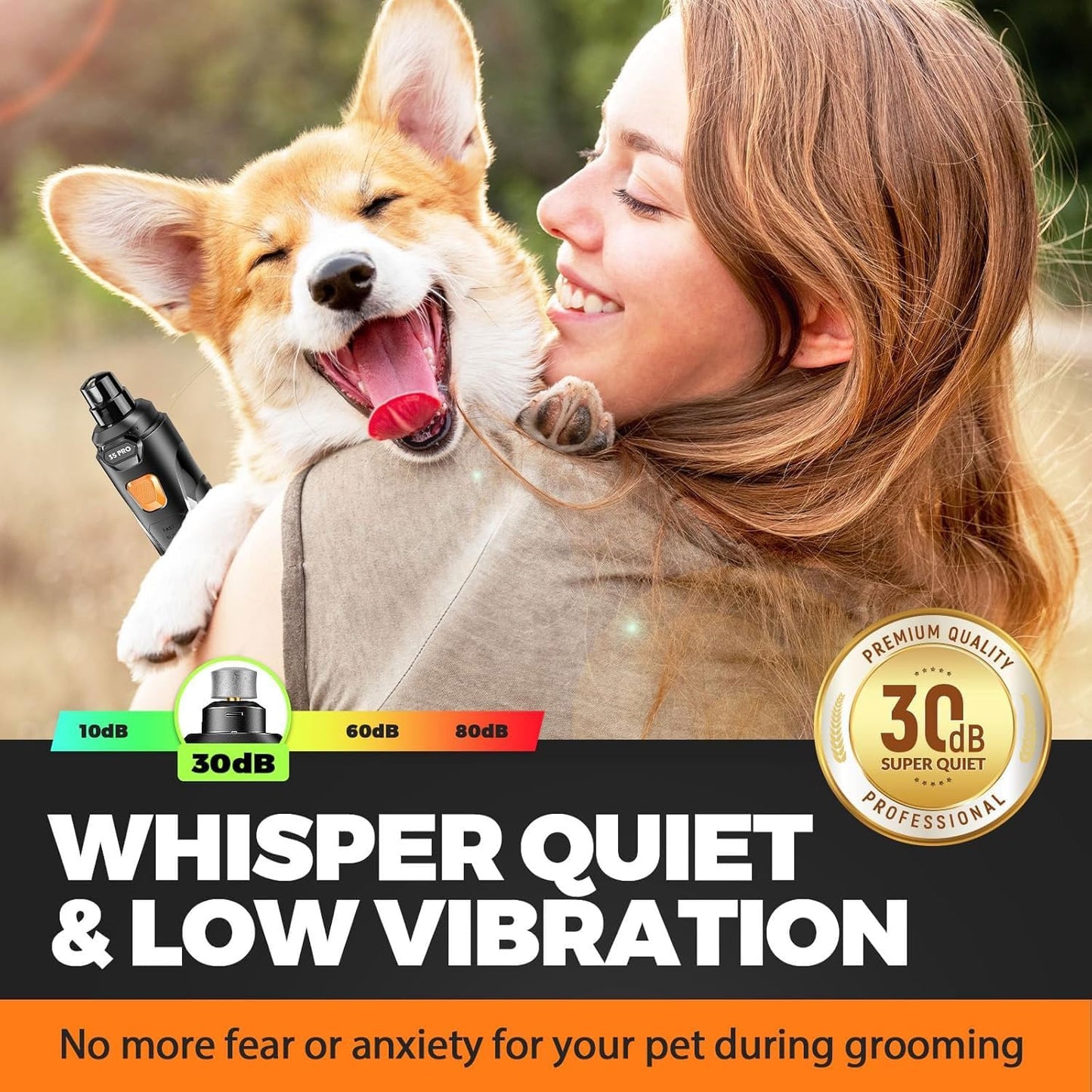 Whisper Quiet Dog Nail Grinder with 4 LED Lights, Safe & Stress-Free for Sensitive Dogs Cats of All Breeds & Sizes, 3 Grinding Bits, 3-Speed, Pet Nail Trimmers, Rechargeable Painless Grooming Kit
