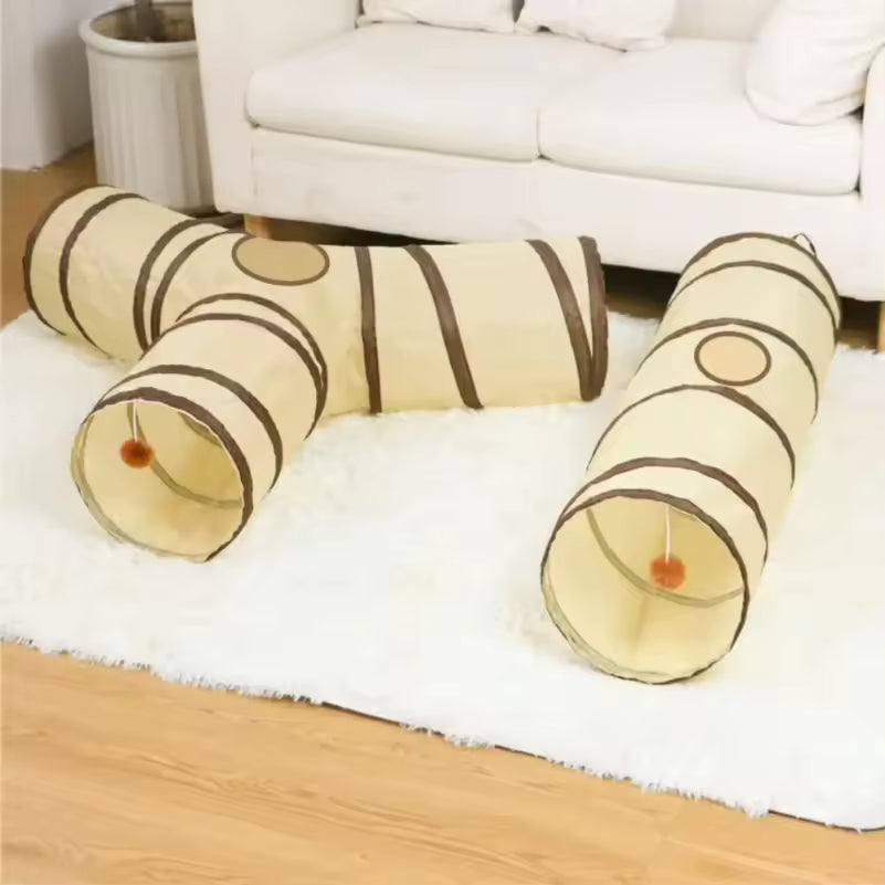 Fun Polyester+Steel Wire Cat Tunnel Tube Breathable Foldable Cat Nest Training Interactive Beige+Coffee Pet Fun Play Toy Cat
